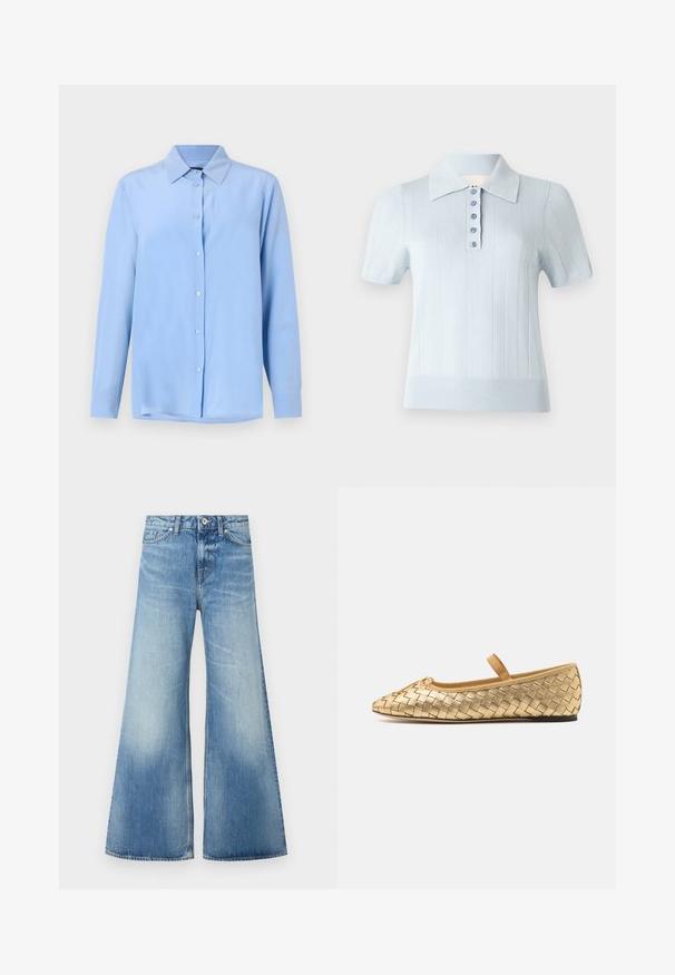 Světle modré košilové tričko s límečkem, dlouhými rukávy a hladkou texturou tkaniny; má přední knoflíky a mírně volný střih.; Světle modrá polo košile s krátkým rukávem, žebrovanou texturou, plochým límcem a předním zapínáním s šesti ladícími knoflíky.; Světle modré denimové kalhoty do zvonu s vysokým pasem, pěti kapsami, jemným vyblednutím a vyšitou značkovou logem nad zadní kapsou.; Loeffler Randall LEONIE SOFT BALLET FLAT - Baleríny s páskem - gold