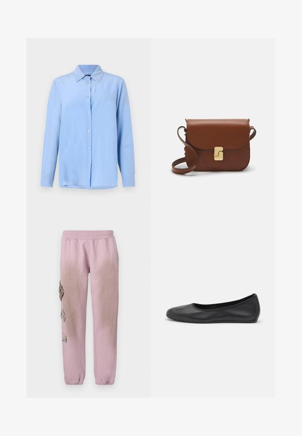 Camisa de botones azul claro con collar, mangas largas y una textura de tela suave; cuenta con botones en la parte delantera y un corte ligeramente holgado.; Camiseta de manga corta blanca hecha de tela de canalé. Cuello redondo, corte regular y detalles de costura sutiles. Sin patrones ni gráficos.; Pantalones de chándal rosas con cintura elástica, que presentan parches decorativos en forma de diamante en el lado izquierdo y puños elásticos en los tobillos.; Bailarina de piel negra con punta redondeada, textura suave, detalle de costura minimalista y diseño de suela flexible.; Bolso de mano de cuero marrón con cierre de solapa, herrajes en tono dorado, correa para el hombro y una textura suave. Forma rectangular compacta.