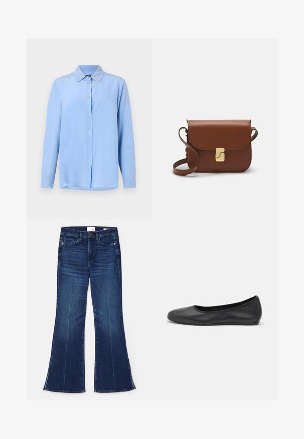 Light blue button-up shirt with a collar, long sleeves, and a smooth fabric texture; features front buttons and a slightly relaxed fit.; Dark blue flared jeans made from denim. Features a high waist, front pockets, and slit details at the hem.  Classic five-pocket design.; Black leather ballet flat with a rounded toe, smooth texture, minimal stitching detail, and a flexible sole design.; Brown leather handbag with a flap closure, gold-tone hardware, a shoulder strap, and a smooth texture. Compact rectangular shape.