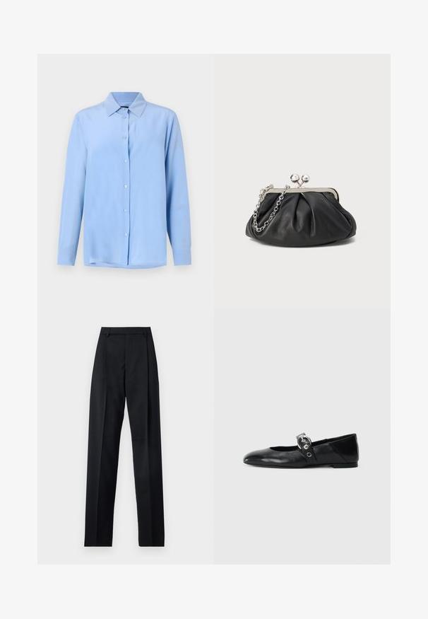 Helles blaues, knöpfbares Hemd mit Kragen, langen Ärmeln und glatter Stofftextur; verfügt über Frontknöpfe und einen leicht lässigen Schnitt.; Schwarze Hosen aus glattem Stoff mit hoher Taille, weitem Bein, vorderen Falten und klassischen Gürtelschlaufen. Keine sichtbaren Seitentaschen.; Schwarze Ballettflat mit spitzer Spitze, ausgestattet mit einem Riemen und einer runden, metallischen Schnalle sowie einer flachen Sohle.; Schwarze Leder-Clutch mit geraffter Textur, silberfarbener Metallrahmen, Druckverschluss und Kettenriemen. Glatte, weiche Oberfläche.