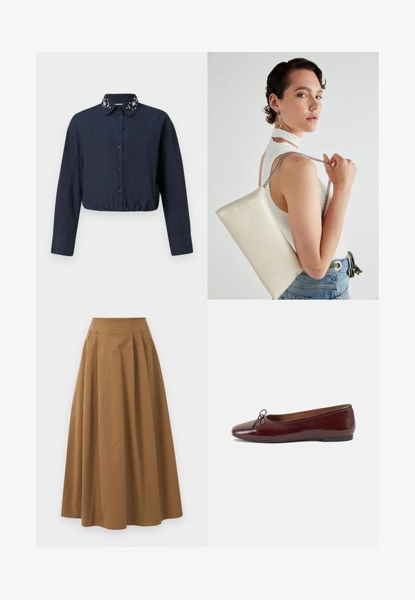 Navy blue cropped shirt with a button-down collar, featuring decorative embellishments on the collar. Long sleeves and elastic hem.; Brown cotton A-line skirt with a high waist, featuring pleats down the front and a smooth texture. Hem finishes are clean and simple.; Burgundy patent leather ballet flat with a rounded toe, small bow accent at the front, and a low, black rubber sole. Smooth texture.; White rectangular clutch bag made of glossy material, featuring a silver chain strap. Model poses, showcasing the bag against a plain background.