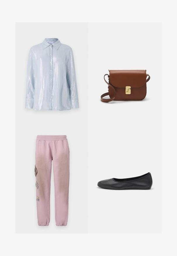 Light blue, long-sleeve shirt in a glossy fabric with a button-down front, pointed collar, and rounded cuffs featuring button details.; White short-sleeve t-shirt made of ribbed fabric. Round neckline, regular fit, and subtle stitching details. No patterns or graphics.; Pink sweatpants with an elastic waistband, featuring decorative patches in diamond shapes on the left side and elastic cuffs at the ankles.; Black leather ballet flat with a rounded toe, smooth texture, minimal stitching detail, and a flexible sole design.; Brown leather handbag with a flap closure, gold-tone hardware, a shoulder strap, and a smooth texture. Compact rectangular shape.