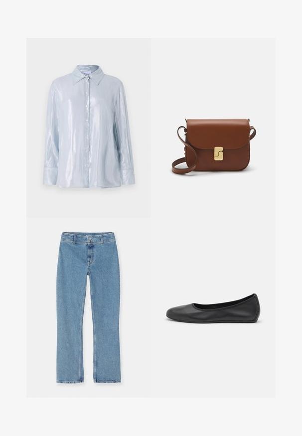 Jasnoniebieska, długosleeve koszula z błyszczącego materiału, z zapięciem na guziki z przodu, spiczastym kołnierzykiem i okrągłymi mankietami z detalami guzika.; Biała koszulka krótki rękaw wykonana z materiału prążkowanego. Okrągły dekolt, regularny krój i subtelne detale szwów. Bez wzorów ani grafik.; Jasnoniebieskie dżinsy z prostymi nogawkami, zapinane na guzik i zamek, z paskami do pasa oraz standardowym szwem na białym tle.; Czarne skórzane baletki z zaokrąglonym noskiem, gładką fakturą, minimalnymi przeszyciami i elastycznym designem podeszwy.; Brązowa skórzana torebka na ramię z klapką, złotymi detalami, paskiem na ramię i gładką teksturą. Kompaktowy prostokątny kształt.