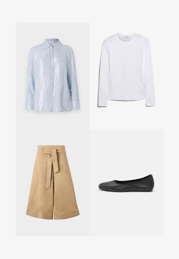 Light blue, long-sleeve shirt in a glossy fabric with a button-down front, pointed collar, and rounded cuffs featuring button details.; Long-sleeve white T-shirt made of ribbed cotton, featuring a round neckline and a straight hem. Simple design with no patterns or accents.; Khaki midi wrap skirt with a tie belt, made of lightweight cotton, featuring a flared silhouette and visible stitching details.; Black leather ballet flat with a rounded toe, smooth texture, minimal stitching detail, and a flexible sole design.