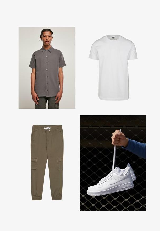 Pilkos spalvos trumpomis rankovėmis marškiniai su apykakle, užsegami sagomis ir lygia tekstūra. Paprastas, vientisas dizainas be raštų ar akcentų.; Balta medvilninė marškinėliai su apvalia iškirpte, trumpomis rankovėmis ir laisvu kirpimu. Etiketėje užrašyta "URBAN CLASSICS." Lygus paviršius, be raštų ar akcentų.; Khaki krovinių kelnės su elastingu juosmeniu ir užtrauktuku, su šoninėmis kišenėmis ir sutrauktomis kulkšnėmis. Pagamintos iš tekstūruotos, lengvos medžiagos.; Balti odiniai sportiniai bateliai su perforacijomis, apvalia nosimi, plokščiu padu ir storomis raištelėmis, su matomu swoosh logotipu ir "AIR" ant kulno.