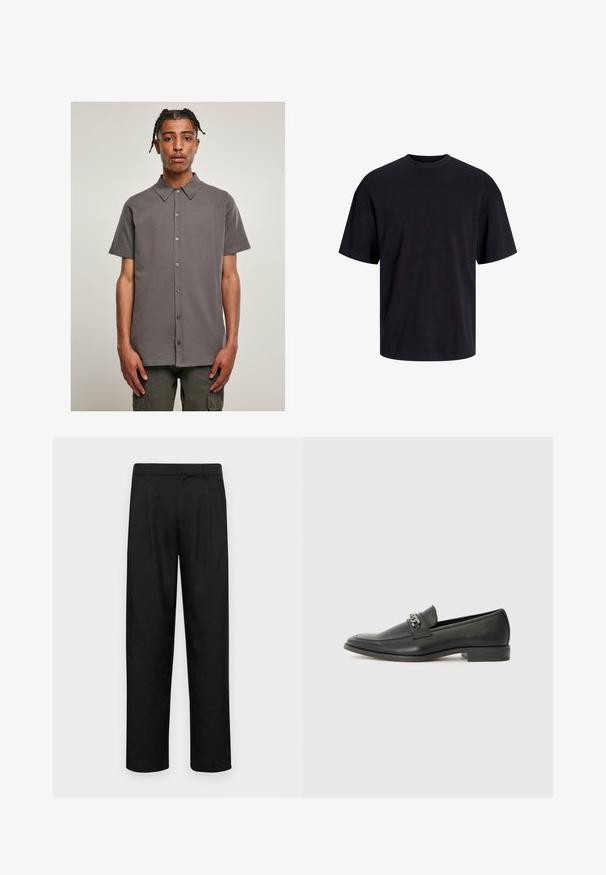 Pelēka t-krekla ar īsām piedurknēm, apkakles izgriezumu un pogu aizdari, ar gludu tekstūru. Vienkāršs, viendabīgs dizains bez rakstiem vai akcents.; Melns kokvilnas T-krekls ar apaļu kakla izgriezumu, īsām piedurknēm un brīvu piegriezumu. Gluda tekstūra un nav redzamu rakstu vai akcentu.; Melnas bikses, izgatavotas no gludas auduma, ar taisnu kāju dizainu, divām priekšējām krokām un standarta jostu, kurai ir āķi.; Melna ādas loafer izmēra apavi ar gludu virsmu, piedāvā ar šūtu dizainu un dekoratīvu metāla ķēdes akcentu pār vampu. Plakana papēža daļa.