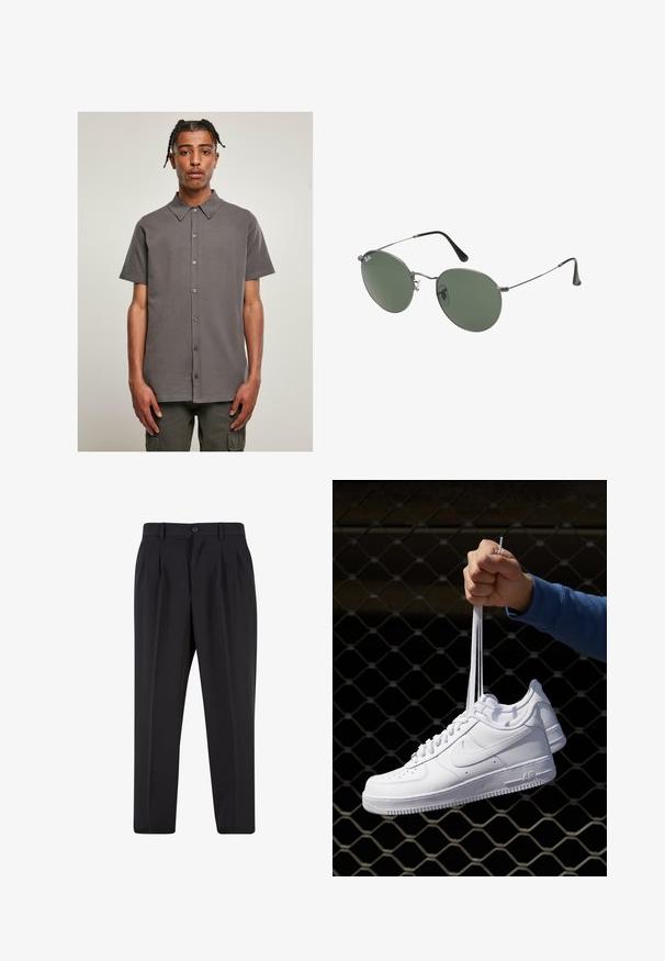Short-sleeve gray shirt with a collared neckline, button front, and a smooth texture. Simple, solid design with no patterns or accents.; Black trousers with a pleated front design, made from smooth fabric. Features a button closure and belt loops; straight-leg fit.; White leather sneakers with perforations, round toe, flat sole, and thick laces, featuring a visible swoosh logo and "AIR" on the heel.; Metal-framed sunglasses with oval green lenses. Thin silver metal frame and black ear tips. Minimalist design, no visible logos.