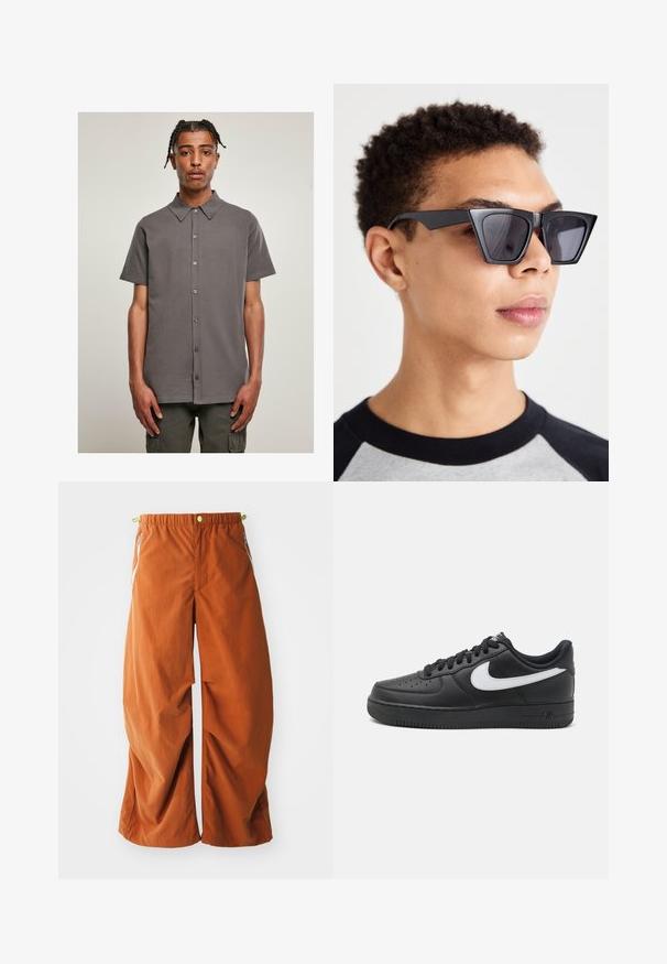 Lühikeste varrukatega hall särk, millel on krae, nupuga ees ja sile tekstuur. Lihtne, ühtlane disain ilma mustrite või aktsentideta.; Oranžid laiad püksid elastse vöökohtaga, küljetaskudega ja lõtva tekstuuriga kangast, disainitud mugavuse ja liikuvuse tagamiseks.; Mustad mustad Nike Air Force 1 tossud, millel on siledast nahast ülemine osa, valge logoga aktsent, aukudega varvas ja tekstuuriga kummitald.; Mustad nurgelised prillid tumedate läätsedega, millel on julge geomeetriline disain ja mati viimistlusega. Kandmas inimene lühikeste juustega.; Valge pärlkaelakee, millel on ühtlane ümar kuju, sile pind ja metallist kinnitusbüts koos pikendusahelaga reguleeritava pikkuse jaoks.