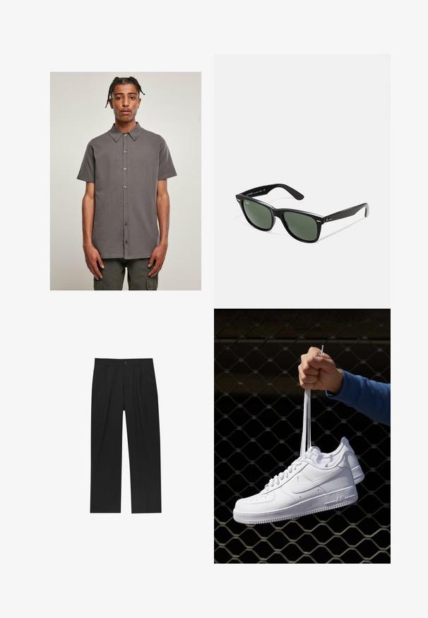 Camicetta grigia a maniche corte con colletto, chiusura a bottoni e una texture liscia. Design semplice e uniforme, senza motivi o dettagli.; Pantaloni neri con un design a gamba dritta, realizzati in un tessuto liscio. Presentano pieghe frontali e una chiusura a un bottone in vita.; Sneakers in pelle bianca con perforazioni, punta rotonda, suola piatta e lacci spessi, con logo swoosh visibile e "AIR" sul tallone.; Occhiali da sole in plastica nera con lenti verdi, montatura quadrata, dettaglio argento sulla parte superiore e steli con texture. Marchio indicato sulla parte interna dello stelo.