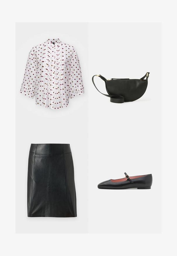 Marc Cain Gombos blúz - white; Fekete bőr szoknya testhezálló szabással. Sima textúra, varratok, amelyek körvonalazzák a formát, és egyenes szegély. Minimalista és karcsú megjelenés.; Fekete bőr lapos cipő, hegyes orral és bokapánttal, arany csattal. Sima felület, enyhén fényes kivitel.; Fekete bőr keresztpántos táska félhold formában, texturált felülettel, arany cipzárral és lapos pánttal. Kompakt kialakítás, amely a fontos dolgok számára alkalmas.