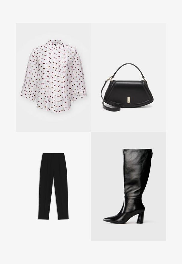 Marc Cain Hemdbluse - white; Schwarze Hose mit geradem Schnitt, doppelten Falten, einer glatten Textur und einem klassischen Bunddesign. Keine sichtbaren Beschläge oder Akzente.; Knöchelhohe schwarze Lederstiefel mit einer spitzen Zehe, glatter Oberfläche und einem klobigen Absatz. Verfügt über einen Reißverschluss hinten.; Schwarze Lederhandtasche mit einem strukturierten Design, das eine verkürzte Form, einen oberen Griff und goldfarbene Hardware-Details aufweist. Verstellbarer Schulterriemen ist enthalten.