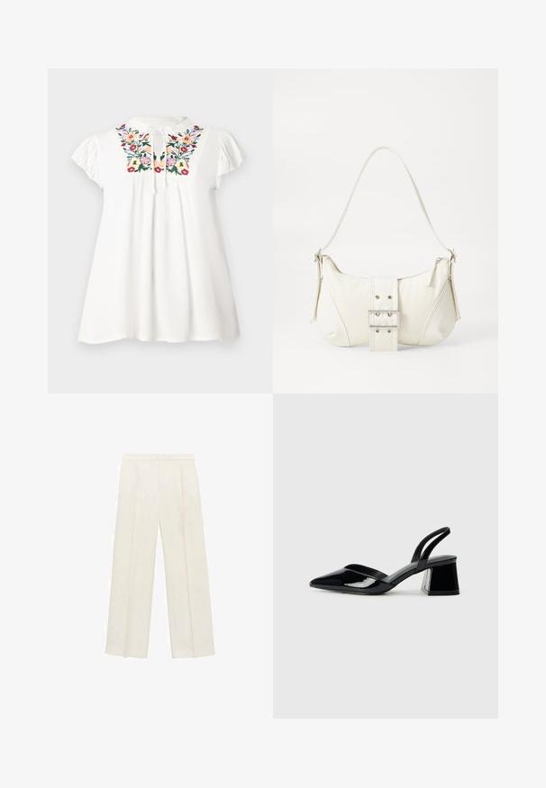 Blusa bianca di cotone con maniche a sbuffo corte, caratterizzata da colorati ricami floreali sul colletto e un laccio al collo.; Pantaloni a gamba larga di un leggero colore crema. Realizzati in un tessuto morbido con pieghe sul davanti e tasche laterali.; Décolleté in vernice nera con punta affusolata e tacco in geometria cubica. Presentano un design elegante e minimalista, con una texture liscia.; Borsa a spalla bianca con una finitura testurizzata, un accentuato fermaglio centrale e una forma curva. Chiusure a cerniera su entrambi i lati.