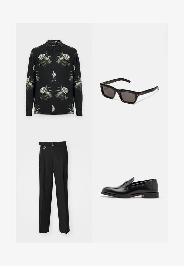 Black long-sleeve button-up shirt with green and beige floral patterns evenly distributed on front, sleeves, and collar.; Études LOOSE SUIT PANT - Suit trousers - black; Black leather loafers with a smooth texture, rounded toe, and a decorative strap across the vamp. Low stacked heel, minimalist design.; Black rectangular sunglasses with dark lenses, thick plastic frame, gold accents on temples, and brand logo engraved on the arm.