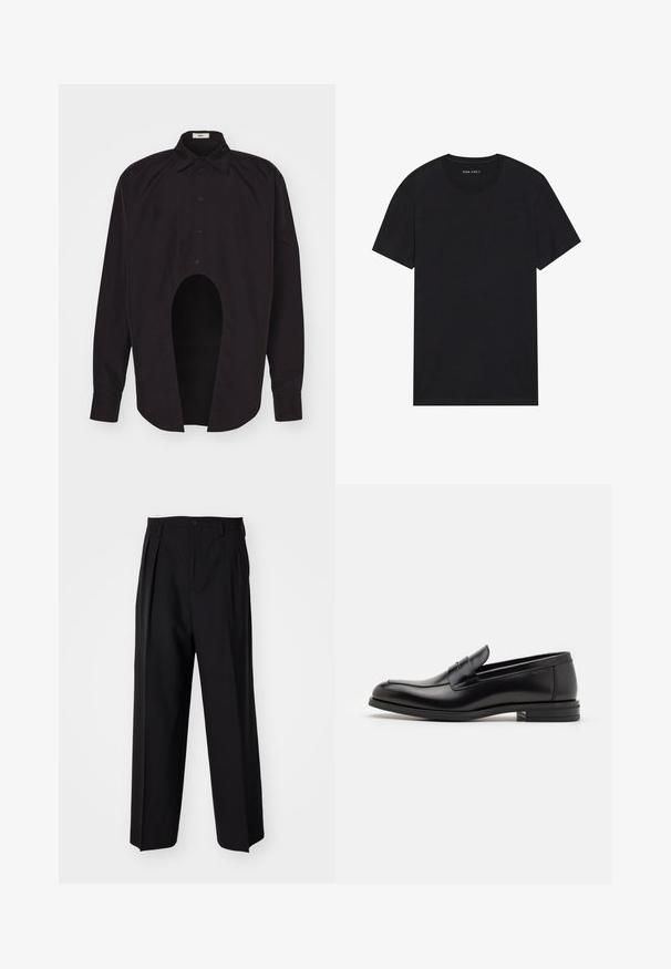 GmbH GEIR MIX - Košile - black; Černé bavlněné tričko s krátkými rukávy a kulatým výstřihem. Tkanina má hladkou strukturu a jednoduchý, jednobarevný design.; Černé skládací kalhoty s rovnými, širokými nohavicemi. Vyrobené z hladké tkaniny, se zapínáním na knoflík a poutky na opasek.; Černé kožené polobotky s hladkou texturou, zaoblenou špičkou a zdobným páskem přes nárt. Nízký stohovaný podpatek, minimalistický design.