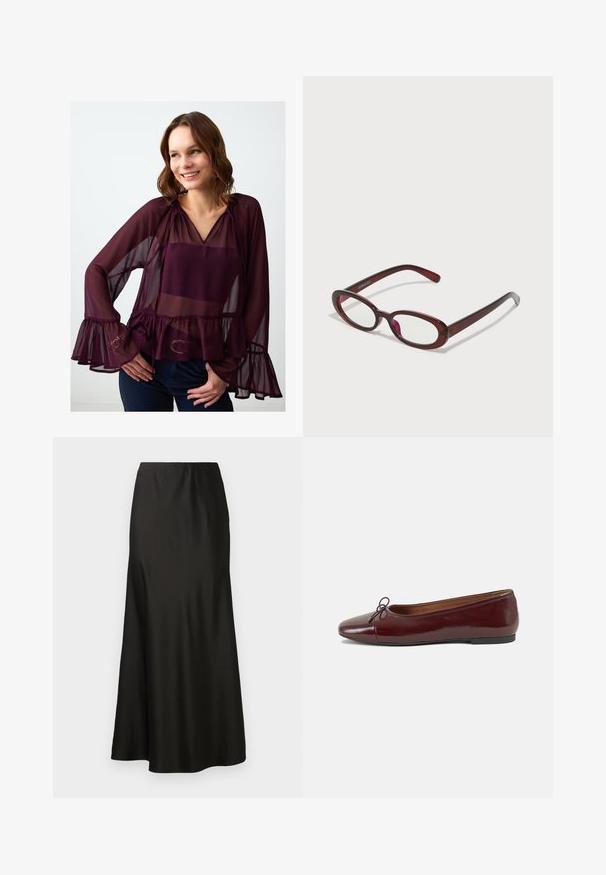 Camicia trasparente borgogna con scollo a V, maniche lunghe, polsini arricciati e orlo a peplum. Presenta accenti sottili sulle maniche.; Gonna maxi in satin nero con texture liscia, vita alta e fondo svasato. Caratterizzata da un design semplice senza motivi visibili o accessori.; Ballerine in pelle verniciata bordeaux con punta arrotondata, piccolo fiocco decorativo sulla parte anteriore e suola bassa in gomma nera. Texture liscia.; Occhiali da sole rotondi di colore rosso con lenti trasparenti e montatura marrone elegante. Il design presenta curve sottili e hardware minimale.; Borsa hobo in pelle marrone con un design morbido e una texture liscia. Indossata casualmente da un modello, presenta un'ampia apertura e una forma rotonda.