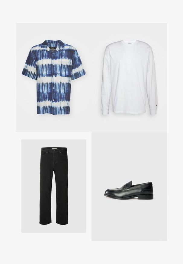 Rövid ujjú ing kék és fehér batikolt mintával, sima textúrájú anyagból készült, egyetlen mellzsebbel.; Fehér, hosszú ujjú, pamut póló. Kerek nyakú kialakítás, bordázott mandzsetták és egy kis logó a bal ujján. Simaság jellemzi.; Fekete farmer egyenes szárú jezák klasszikus öt zsebes dizájnnal, gombos záródással, minimális varrással és puha tapintással rendelkezik.; Fekete bőr mokaszinok sima felülettel, varrott részletekkel a lábfej részen és kissé megemelt sarokkal.