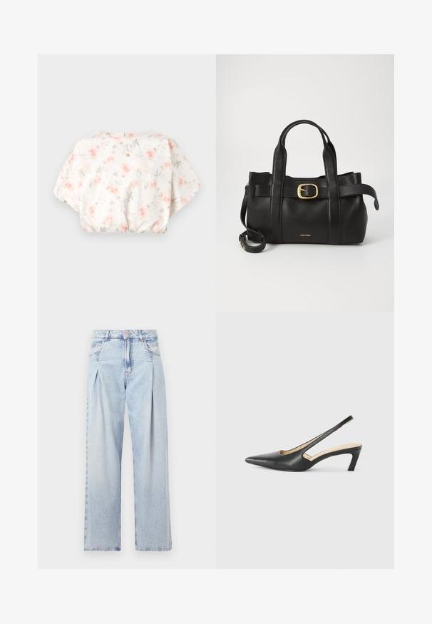 Blouse florale avec un fond blanc, ornée de motifs de fleurs roses pastel et gris, des manches bouffantes et un ourlet froncé. Fermeture en forme de clé au dos.; Jeans en denim bleu clair avec taille haute, coupe large, deux poches latérales et design plissé. Texture douce avec une finition décolorée.; Slingback noir à bout pointu avec un petit talon, en cuir lisse et doté d'un design découpé sur le côté pour plus de respirabilité.; Sac à main en cuir noir présentant un design structuré, deux poignées supérieures, un accent de boucle en ton doré et un logo de la marque en relief à l'avant.