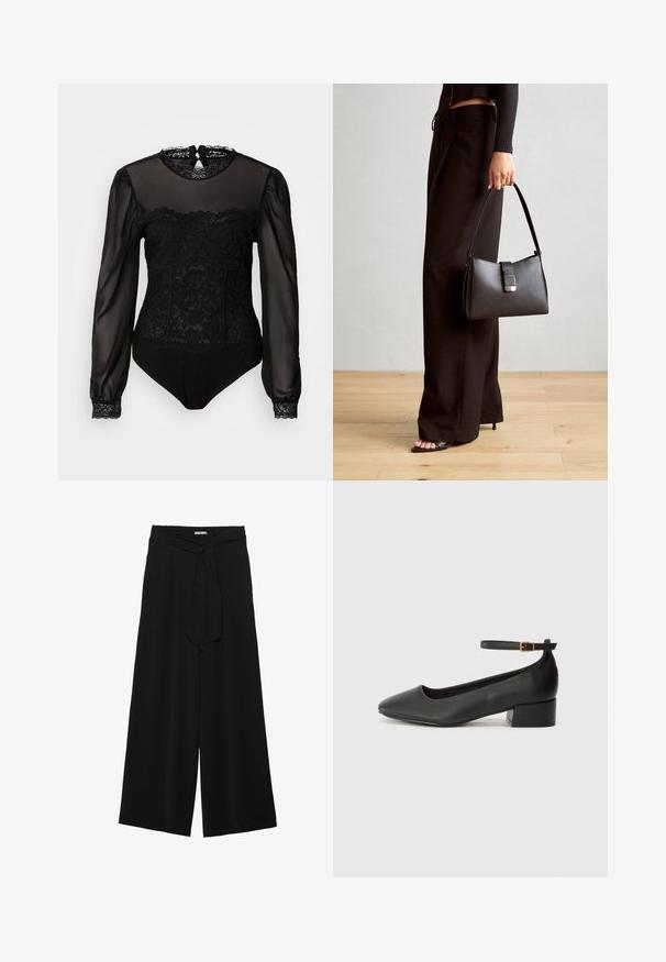 Zwart bodysuit met doorzichtige lange mouwen. Bevat een kanten overlay aan de bovenkant van de voorkant en een hoge halslijn met een keyhole sluiting aan de achterkant.; Zwarte wijde broek van textuurstof, met een elastische tailleband en een afneembare sjaalstrik in de taille voor een verstelbare pasvorm.; Zwarte leren pump met een spitse neus en een lage blokhak. Beschikt over een enkelband met een goudkleurige gespsluiting. Gladde textuur.; Zwarte handtas met gestructureerde vorm, gladde textuur en een metalen sluiting. Gecombineerd met brede zwarte broeken en sandalen met open teen op een houten vloer.