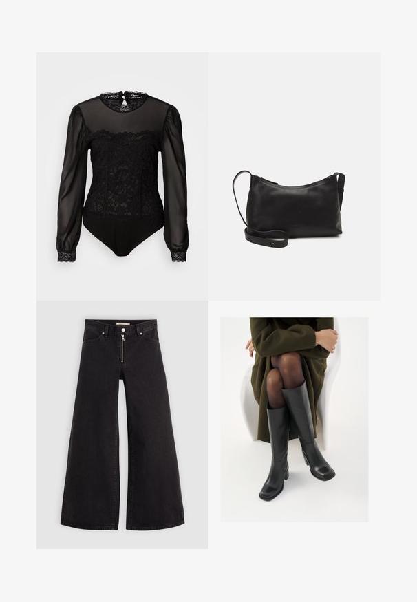 Sort bodysuit med gennemsigtige lange ærmer. Har blonder overlay på den øverste front og en høj halsudskæring med en nøglehulslukning i ryggen.; Vide ben jeans i sort denim med lynlås foran, fem lomme-design og subtile stikninger. Glat tekstur og afslappet stil.; Knæhøje sorte læder støvler med firkantet tå og blokhæl, vist med en model siddende i en olivengrøn frakke. Glat tekstur, minimal detaljer.; Sort læder skuldertaske med en glat tekstur, buet form, justerbar rem og lynlås. Minimalistisk design uden udsmykninger.
