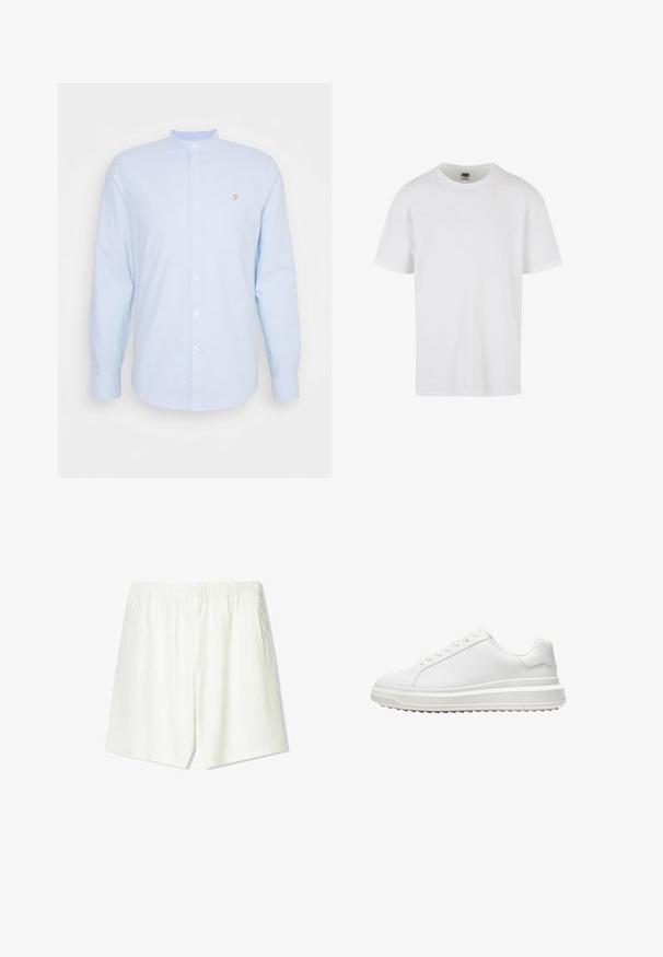 Lichtblauwe overhemd met lange mouwen, een bandkraag, knopen aan de voorkant en een klein geel logo op de borst. Katoenen materiaal, gladde textuur.; Witte korte mouwen t-shirt gemaakt van gestructureerd katoen. Heeft een ronde hals en een recht afgeknipte zoom. Minimalistisch ontwerp zonder zichtbare logo's.; Lichtbeige shorts met een elastische tailleband, twee zijzakken en een rechte pijpdesign. Gemaakt van een zachte, ademende stof.; Witte sneaker met een glad synthetisch bovenwerk, ronde neus, platte veters, gestructureerde zool en een gelaagd, platformontwerp voor extra hoogte.