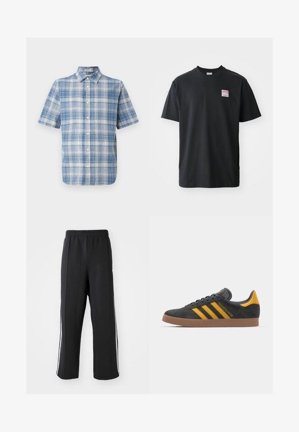 Īsām piedurknēm pogājama krekls zilā un baltā rakstā, ar norādītu apkakli un mīkstu, teksturētu kokvilnas audumu.; Melna kokvilnas T-krekls ar apaļu kaklu, īsām piedurknēm un nelielu krāsainu etiķeti kreisajā krūtīs, kurā ir vārds "SUPERIOR".; Melni sporta bikses ar elastīgu jostu, kurām ir baltas sānu joslas un brīvs piegrieziens. Izgatavotas no mīksta, elastīga auduma.; Melnas zamšādas kedas ar dzelteniem akcentiem, kurām ir trīs svītras un brūna gumijas zole. Iekļauta mīksta valkāšanas tongue komfortam.