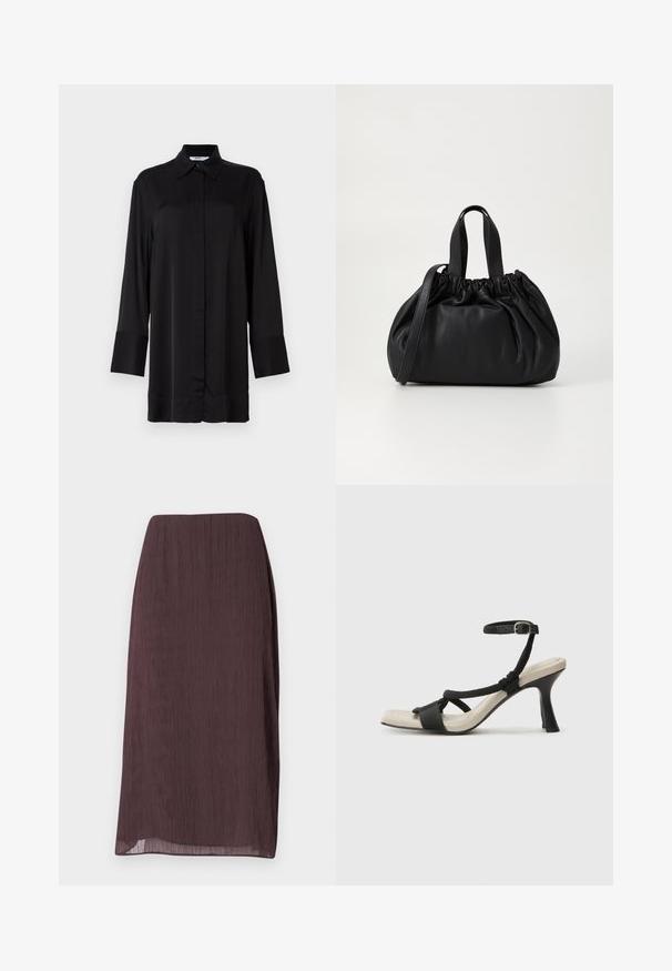 Melnā garo piedurkņu krekls, izgatavots no gludas auduma, ar klasisku apkakli, priekšējiem pogām un nedaudz izplestiem piedurkņu galiem.; Tumši brūna, līdz ceļiem garā svārku izgatavoti no viegla, krokota auduma. Ir taisnas formas ar subtilu spīdumu un bez redzamiem aksesuāriem.; Melnas augstpapēžu sānijas ar pinuma siksnu dizainu, kvadrātveida purngali un regulējamu potītes siksnu. Gaismas beidzamais kāju paklājiņš ar spīdīgu melnu papēdi.; Melnas ādas rokassomu ar savākta augšdaļa dizainu, kas aprīkota ar divām īsām rokturiem un garu regulējamu siksnu. Gluda tekstūra, noapaļota forma.