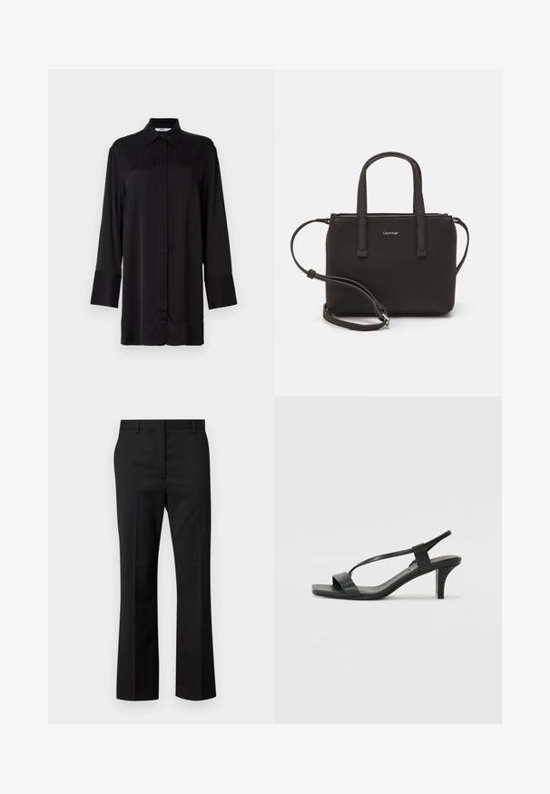 Must have mustaga pikkade varrukatega särk sujuvast kangast, mis on varustatud klassikalise kraega, esiknõppudega ja kergelt laienevate mansettidega.; Mustad kohandatud püksid sirge säärega disainiga. Valmistatud siledast kangast, omadustega tasane esiosa ja tavaline vöökoht vöökonksudega.; Mustad musta kõrge kontsaga sandaalid, millel on õhuke rihmastik, ruudukujuline nina ja keskmise kõrgusega plokknina. Valmistatud siledast nahast mattviimistlusega.; Musthave mustrans vöö ja eemaldatav õlarihm. Gludike nahk siledaga, millel on tõmblukk ja logo detail.