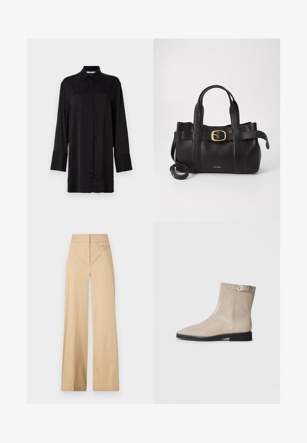 Chemise noire à manches longues en tissu lisse, avec un col classique, des boutons sur le devant et des poignets légèrement évasés.; Pantalons larges beige en coton mélangé. Caractéristiques : texture lisse, taille élastique et détail à bouton sur le côté.; Bottes en cuir beige à la cheville avec un bout pointu, semelle noire, talon bas et une sangle à boucle dorée sur le côté externe, présentées sur un fond blanc.; Sac à main en cuir noir présentant un design structuré, deux poignées supérieures, un accent de boucle en ton doré et un logo de la marque en relief à l'avant.