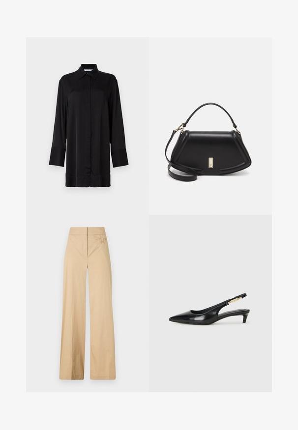 Lange svart skjorte med lange ermer, laget av glatt stoff, med klassisk krage, frontknapper og lett utsvingte mansjetter.; Beige vidje bukser laget av bomullsblandingsmateriale. Har en jevn tekstur, elastisk midjebånd og en sideknappdetalj.; Sorte lærreim hæler med spiss tå, som har en slank hæl og en gullfarget detalj på den justerbare stroppen. Glatt tekstur.; Sort lærveske med en strukturert design, som har en avkortet form, topphåndtak og detaljer i gull. Justerbar skulderstropp inkludert.