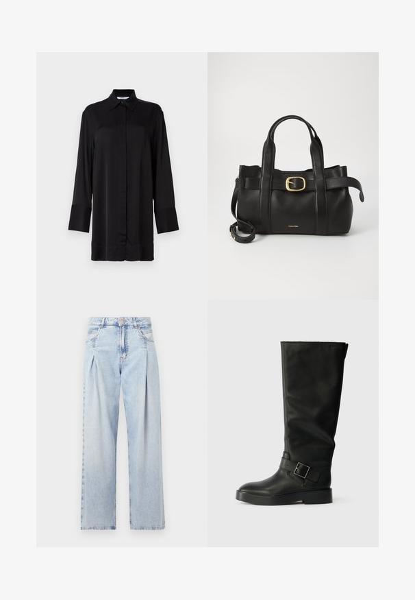 Schwarzes Langarmhemd aus glattem Stoff, mit klassischem Kragen, Knopfleiste auf der Vorderseite und leicht ausgestellten Bündchen.; Helle blaue Denim-Jeans mit hoher Taille, weitem Beinschnitt, zwei seitlichen Taschen und gefaltetem Design. Weiche Textur mit einem ausgebleichten Finish.; Schwarze kniehohe Stiefel aus glattem Leder, mit runder Zehenpartie, dicker Sohle und einem horizontalen Riemen mit rechteckiger Schnalle.; Schwarze Lederhandtasche mit strukturiertem Design, doppelten oberen Griffen, goldfarbenem Schnallenakzent und geprägtem Markenlogo auf der Vorderseite.
