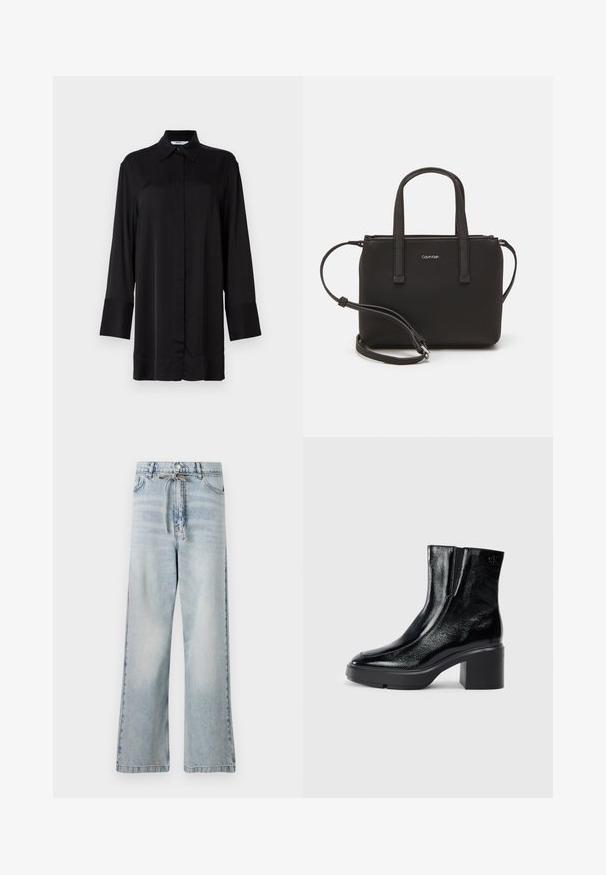 Czarna koszula z długim rękawem, wykonana z gładkiego materiału, z klasycznym kołnierzykiem, guzikami z przodu i lekko rozszerzającymi się mankietami.; Jasnoniebieskie dżinsy typu wide-leg wykonane z denimu, z wysokim stanem, przednimi kieszeniami i detalem sznurka w talii. Efekt postarzania.; Czarne lakierowane botki za kostkę z zaokrąglonym noskiem, elastycznymi panelami bocznymi i masywnym obcasem blokowym. Posiadają wytłoczone logo z tyłu.; Czarna torebka z dwoma krótkimi uchwytami i odpinanym paskiem na ramię. Gładki materiał przypominający skórę, z zamkiem błyskawicznym i detalem z logo.