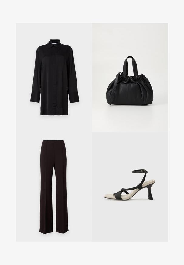 Lange svart skjorte med lange ermer, laget av glatt stoff, med klassisk krage, frontknapper og lett utsvingte mansjetter.; Svart høytlivsbukser med flagrende bein, som har vertikale sømmer og splitt i nederkant for å legge til detaljer. Stoffet ser glatt ut.; Sorte helårs sandaler med flettet stroppesdesign, firkantet tå og justerbar ankelrem. Lys beige fotseng med glanset svart hæl.; Svart lærveske med en samlet toppdesign, som har to korte håndtak og en lang justerbar stropp. Glatt tekstur, rund form.