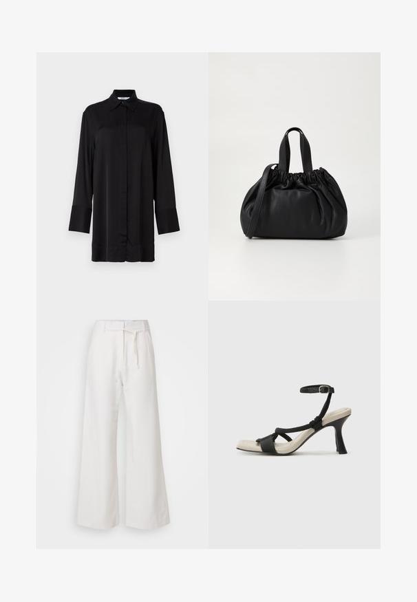 Sort langærmet skjorte lavet af glat stof, med en klassisk krave, frontknapper og let udvidede manchetter.; DAY Birger et Mikkelsen TERRI SOLID - Bukser - cloud cream; Sorte hælede sandal med flettet remdesign, firkantet tå og justerbar ankelrem. Lys beige fodseng med en blank sort hæl.; Sort læderhåndtaske med en samlet topdesign, der har to korte håndtag og en lang justerbar rem. Glat overflade, rund form.