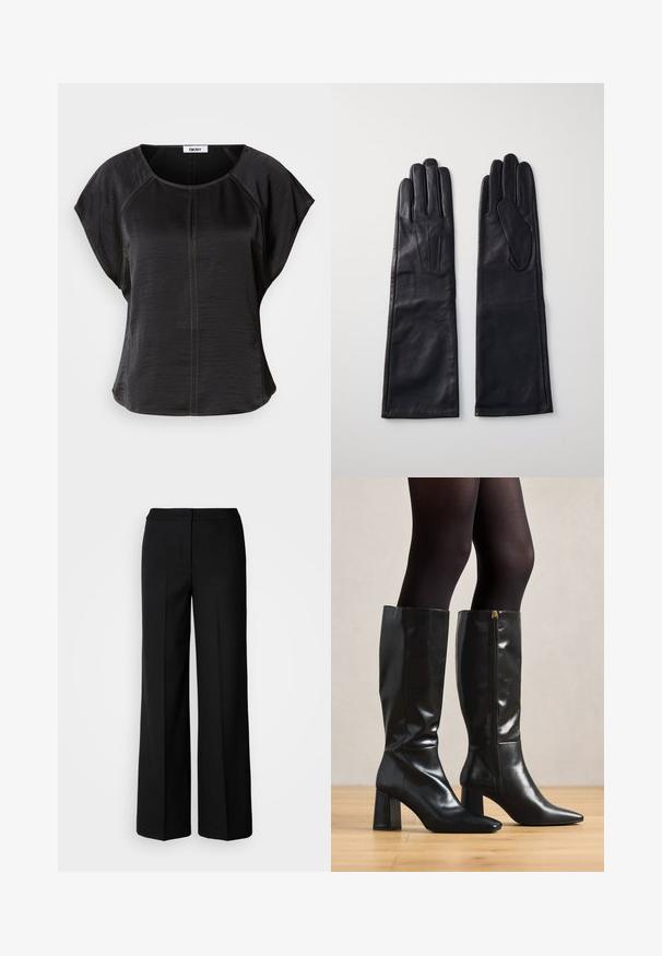 Haut noir à manches courtes avec une coupe décontractée, affichant un col rond et des coutures contrastantes couleur sable sur le devant et le long des seams.; Pantalons larges noirs en tissu lisse, dotés d'une taille haute, de coutures taillées et d'un design minimaliste. Aucun matériel visible ni poches.; Bottes en cuir noir jusqu'aux genoux avec une finition brillante, bout pointu et talon épais. Détail de fermeture éclair sur le côté pour un enfilage facile.; Anna Field LEATHER - Gants - black; Boucles d'oreilles en argent en forme de hoops avec une finition lisse et polie. Forme ronde avec un design légèrement courbé et des bords fondus. Fermeture à pin.