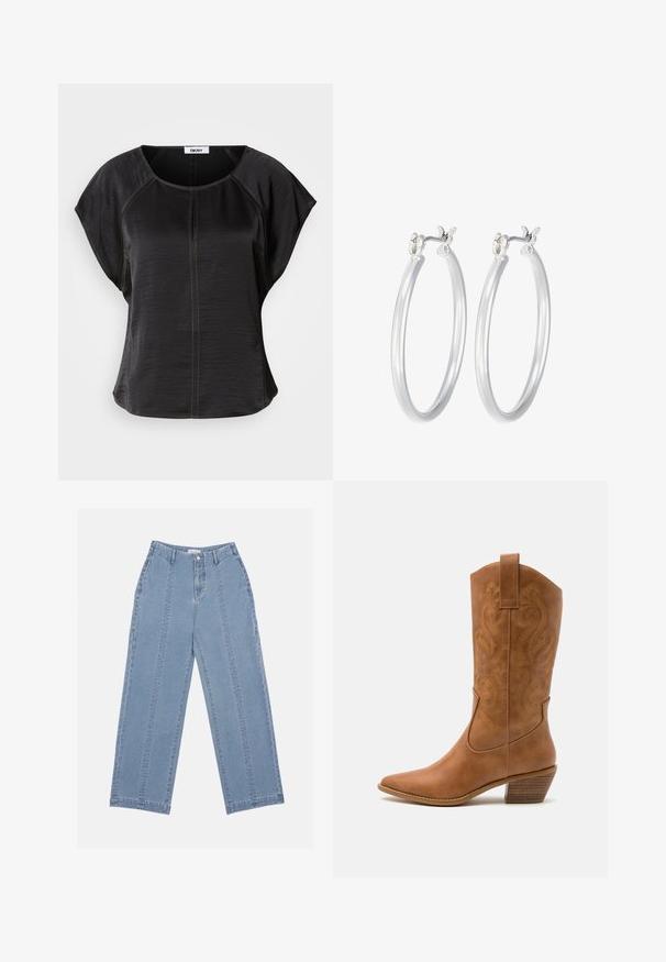 Musta lyhythihainen paita rentoa istuvuutta, jossa on pyöreä kaula-aukko ja kontrastoivaa tanväristä ommelta edessä ja saumoissa.; Vaaleansiniset leveät farkut, jotka on valmistettu denimistä. Ominaisuuksiin kuuluu korkea vyötärö, nappilukitus ja näkyvät saumat. Etupuolella ei ole näkyviä taskuja.; Ruskean nahkainen cowboy-saapas, jossa on terävä kärki, brodeeratut pyörteiset kuviot varressa ja kerroslohko korko. Varustettu nostonipulla helpottamaan pukemista.; Hope-silver rengas, joissa on sileä ja kiillotettu pinta. Pyöreä muoto ja turvallinen napsautettava lukitus. Kevyt muotoilu sopii päivittäiseen käyttöön.