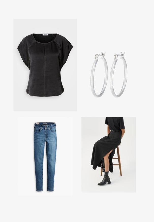 Schwarzes Kurzarmoberteil mit lässiger Passform, runder Halslinie und kontrastierenden sandfarbenen Nähten auf der Vorderseite und entlang der Nähte.; Hochtaillierte, schmale Jeans aus hellblauem Denim. Verfügt über fünf Taschen, einen vorderen Knopfverschluss und klassische Nähdetails.; Schwarzer Leinen-Maxi-Rock mit hohem Schlitz, getragen mit einem schwarzen T-Shirt und schwarzen Knöchelstiefeln. Minimalistisches Design mit lockerer Passform.; Silberne Creolen mit einer glatten, polierten Oberfläche. Runder Form und sicherem Klickverschluss. Leichtes Design, geeignet für den täglichen Gebrauch.