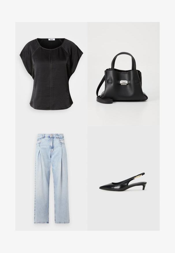 Haut noir à manches courtes avec une coupe décontractée, affichant un col rond et des coutures contrastantes couleur sable sur le devant et le long des seams.; Jeans en denim bleu clair avec taille haute, coupe large, deux poches latérales et design plissé. Texture douce avec une finition décolorée.; Talons hauts en cuir noir avec un bout pointu, dotés d'un talon fin et d'un accent en ton or sur la lanière réglable. Texture lisse.; Sac à main en cuir noir avec une finition texturée, doté de deux poignées supérieures, d'une bandoulière amovible et d'un détail de fermoir en argent.