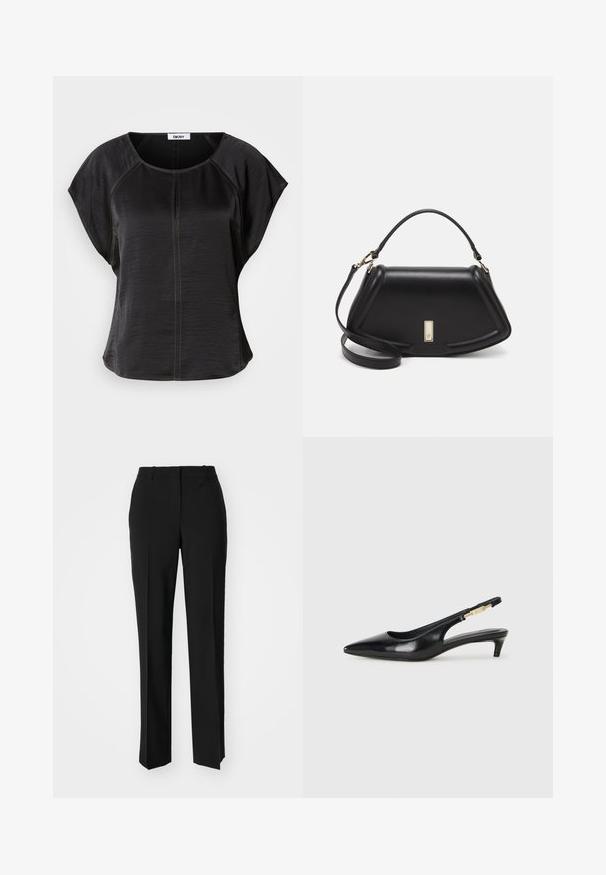 Svart kortermet topp med en avslappet passform, med rund halsringning og kontrasterende beige sømmer foran og langs sømmene.; Sorte skreddersydde bukser med rett silhuett, med en glatt tekstur og klare pressede bretter foran. Ingen synlig maskinvare.; Sorte lærreim hæler med spiss tå, som har en slank hæl og en gullfarget detalj på den justerbare stroppen. Glatt tekstur.; Sort lærveske med en strukturert design, som har en avkortet form, topphåndtak og detaljer i gull. Justerbar skulderstropp inkludert.