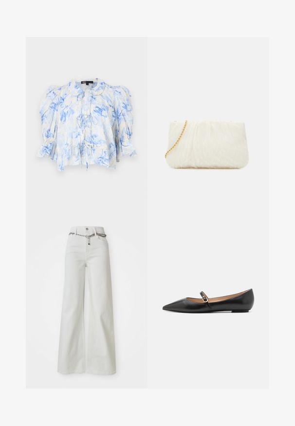 Gėlių bluzonas kremų spalvos su mėlynais gėlių raštais, pūkuotomis rankovėmis, apykakle ir priekiniais ryšių detalėmis. Lengvas audinys su laisvu, tekstūruotu apdailu.; Plati baltos džinsinės kelnės su aukštu liemeniu, su grandinėlės akcentu aplink juosmenį ir klasikinio penkių kišenių dizainu.; Juodos odinės baleto bateliai su smailiu pirštu ir šoniniu dirželiu, papuoštu apvaliu auksiniu akcentu. Lengvi su plokščiu padu.; Balta tekstūruota sankabos rankinė su susiraukšlėjimo dizainu, turinti auksinę grandinėlę. Lygaus paviršiaus su subtiliomis bangomis ir suapvalintais kraštais.