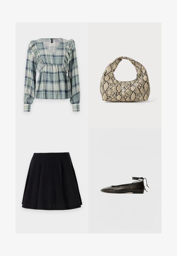 Zelená kockovaná blúzka s volánikmi pozdĺž výstrihu a ramien; dlhé rukávy; ľahký materiál; má dizajn s V-výstrihom.; Čierna bavlnená sukňa s rozšíreným strihom, s pliecoch v oblasti pásu a hladkou textúrou. Vhodná na každodenné nosenie.; Čierne kožené baletky s špicatou špičkou, viazaním okolo členka a plochou podrážkou, s hladkou textúrou a minimalistickým dizajnom.; Kabelka s hadím vzorom a zakriveným rukoväťou. Vyrobená z textúrovaných béžových a hnedých materiálov, s charakteristickým diamantovým vzorom.