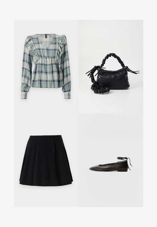 Grønternet bluse med volangdetaljer langs udskæringen og skuldrene; lange ærmer; letvægtsstof; har en V-udskæring.; Sort bomuldsnederdel med en svajende silhuet, der har læg ved taljeområdet og en glat tekstur. Velegnet til afslappet brug.; Sorte læder ballerinaer med spids tå, ankelbinding og flad sål, der har en glat tekstur og minimalistisk design.; Sort kunstlæder håndtaske med krokodilteksur, indsnøret top og en sammenkrøben rem. Ser blød og kompakt ud i designet.