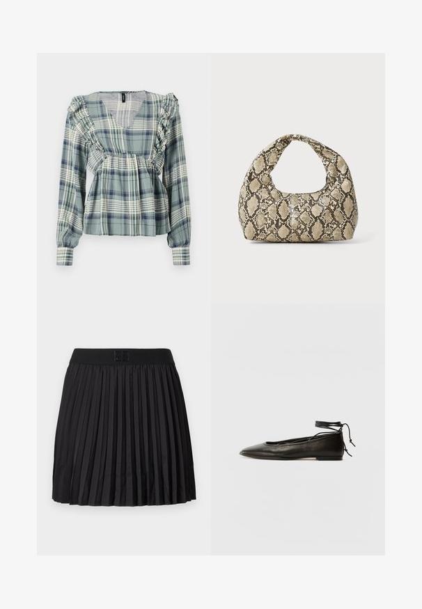 Bluză verde cu carouri, cu accente volan la gât și umeri; mâneci lungi; material ușor; are un design cu gât în V.; Fustă plisată neagră cu o textură netedă, având un brâu solid negru și un detaliu cu logo în relief în față.; Balerini din piele neagră, cu vârf ascuțit, șnur pentru glezna și talpă plată, având o textură netedă și un design minimalist.; Geantă cu imprimeu de șarpe, având un mâner curbat. Fabricată din materiale texturate, bej și maronii, cu un model distinctiv în formă de diamant.