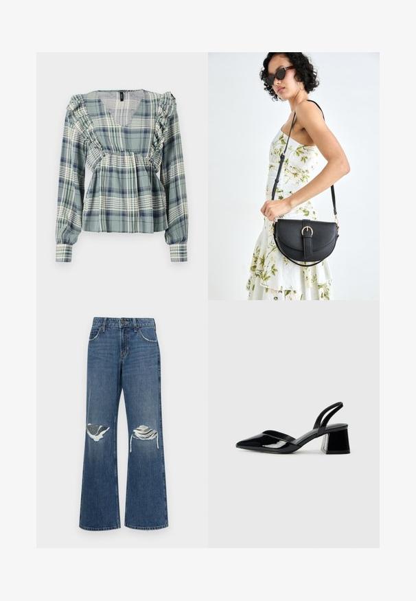Zelená kostkovaná blůza s volánkovými akcenty kolem výstřihu a ramen; dlouhé rukávy; lehký materiál; má výstřih do V.; Džínové kalhoty širokého střihu v středně modré barvě, s roztrženými koleny, surovými okraji a klasickým pětikapsovým designem s kovovým zapínáním na knoflík.; Černé lakované kožené lodičky na pásku s špičatou špičkou a geometrickým blokovým podpatkem. Vyznačují se elegantním, minimalistickým designem a hladkým povrchem.; Černá kožená kabelka s křivkovým tvarem, odnímatelným popruhem a zlatými detaily. Kabelka má klopu s přezkou.
