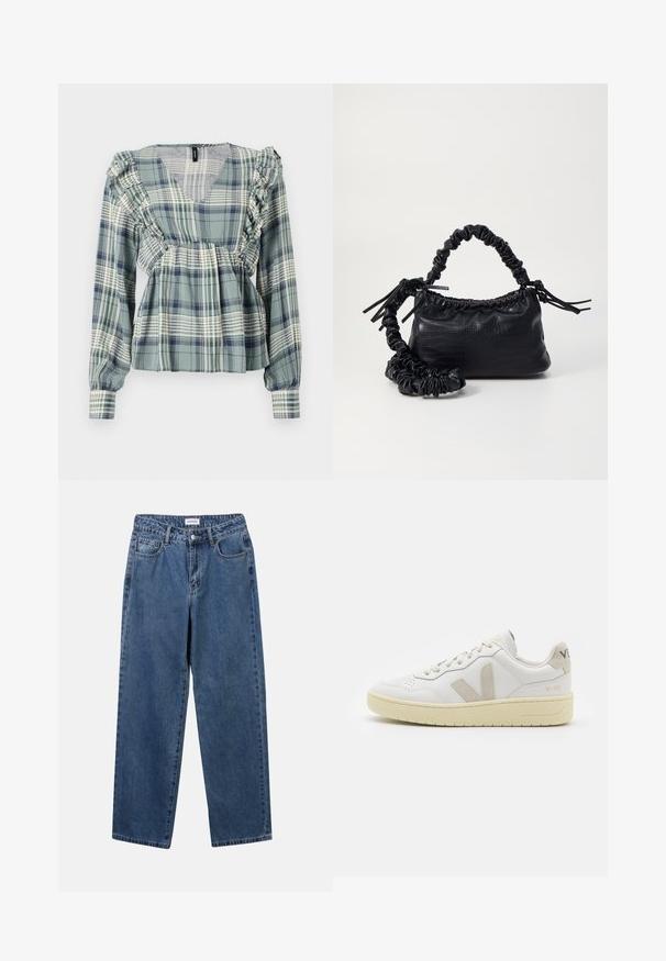 Groene geruite blouse met ruches langs de halslijn en schouders; lange mouwen; lichtgewicht stof; heeft een V-hals ontwerp.; Klassieke blauwe denim jeans met een rechte pijp, vijf zakken en een knoopsluiting. Heeft een middelgrote wasbeurt en stevige textuur.; Witte leren sneaker met beige suède accenten, geperforeerde neus, platte veters en een gestructureerde crèmekleurige zool. Heeft subtiele branding op de hak.; Zwarte nepleer handtas met een krokodillenstructuur, opgedroogde bovenkant en een gekreukte hengsel. Het lijkt zacht en compact van ontwerp.