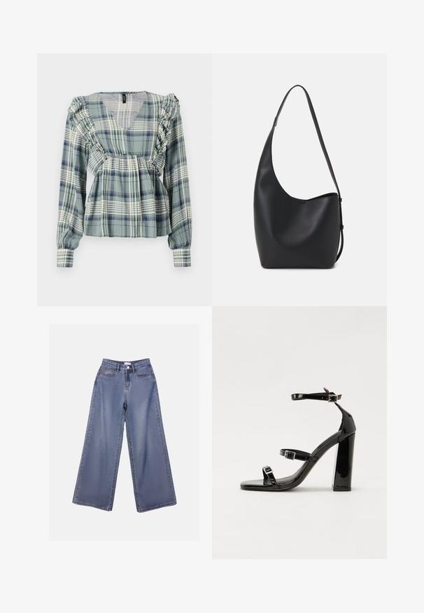 Blusa em xadrez verde com detalhes em babados ao longo do decote e ombros; mangas longas; tecido leve; apresenta um design de decote em V.; Calças de ganga de perna larga numa lavagem azul clara, com uma cintura alta, bolsos frontais e fecho de botão com passadores para cinto.; Sandálias de tacão preto laqueadas com bico quadrado, tiras para o tornozelo e fivelas prateadas. Apresentam um salto bloco chunky para estabilidade.; Saco hobo preto em pele com uma textura lisa, forma curva e uma única alça ajustável; apresenta uma abertura larga na parte de cima.