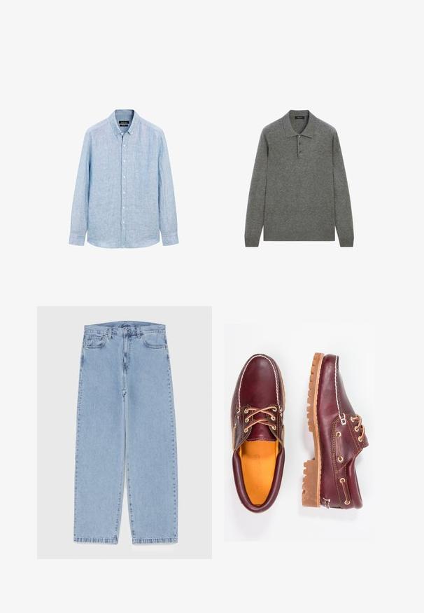Ljusblå, långärmad skjorta med knappar i en strukturerad tyg. Har en knapp-ner krage och framplacket med vita knappar.; Grå långärmad polo skjorta gjord av ett mjukt tyg, med en klassisk krage och tre knappsläpp fram.; Ljusblå denimjeans med rak bendesign, midjehög midja, fem fickor samt knapp- och dragkedjestängning.; Burgundy läderskor med bruna gummisulor, rund tå, vit söm och gyllene öljetter. Inredningen har en gul foder.