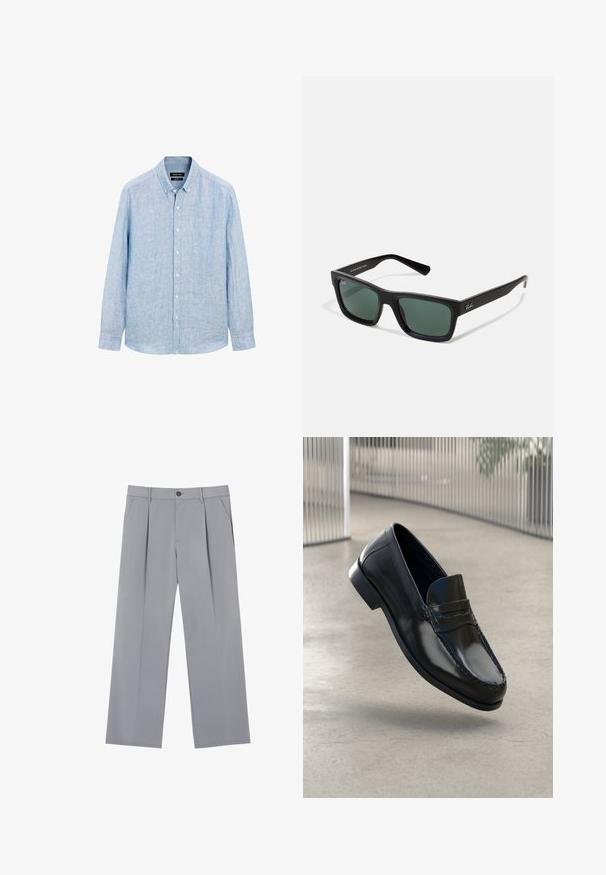 Světle modrá, dlouhá košile s knoflíky vyrobená z texturované tkaniny. Obsahuje límec s knoflíky a přední légu s bílými knoflíky.; Šedé skládací kalhoty s volným střihem, vyrobené z lehkého materiálu. Obsahují přední kapsy a knoflíkovou uzávěrku v pase.; Černé kožené mokasíny s hladkým povrchem, zaoblenou špičkou, dekorativním prošíváním a mírně zvýšenou podrážkou.; Černé obdélníkové sluneční brýle se zelenými skly, s matným povrchem, rovnými nožkami a logem Ray-Ban na boční straně.