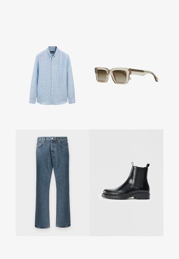 Camicia azzurro chiaro a maniche lunghe con bottoni, realizzata in un tessuto texturizzato. Presenta un colletto con bottoni e una patta frontale con bottoni bianchi.; Jeans in denim blu con design a gamba dritta, dotati di chiusura classica con bottone e zip, cinque tasche e una leggera scoloritura.; Stivali Chelsea in pelle nera con pannelli elastici laterali, una linguetta per una facile indossatura e una suola in gomma resistente con una presa texturizzata.; Occhiali da sole quadrati con montatura beige chiara e lenti marroni sfumate. Le stanghette sono eleganti e presentano un dettaglio di design sottile.