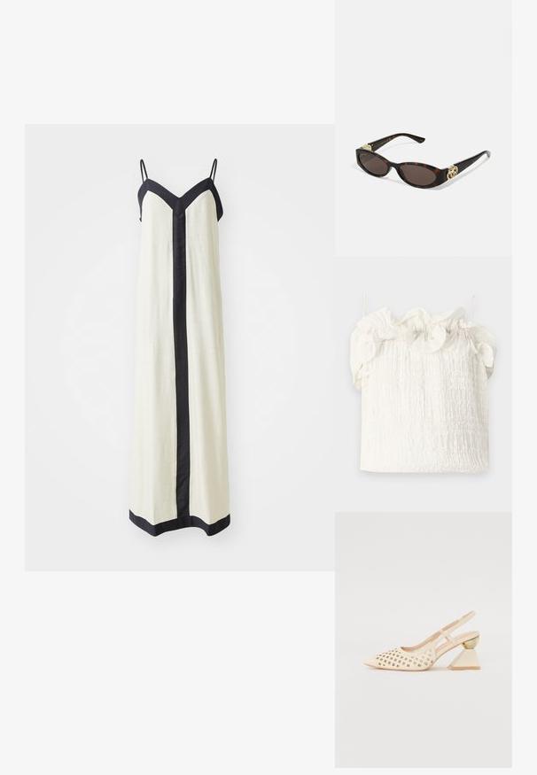 Hofmann Copenhagen EXCLUSIVE GENEVIVE - Topper - off white; Uten ermer maxikjole i kremfarge med dyp V-hals og svart kant langs kantene og fronten. Laget av lett stoff.; Beige slingback sko med perforert overdel, spiss tå og en kontrasterende trekantet hæl med gullakksent. Generelt glatt tekstur.; Skilpadde-solbriller med avlange ovale linser, brun tint, gull-logo aksenter på stengene og elegante svarte armer.; Hvit blomsterhåndveske med en samlet stoffoverflate, gullfarget kjedehank og metallklips. Har teksturerte kronblader for ekstra detalj.