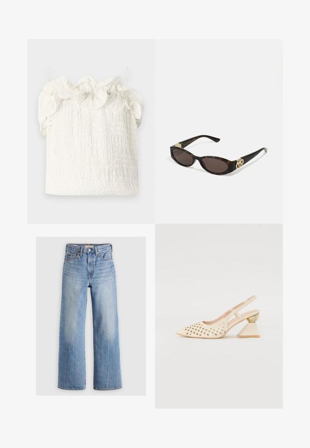 Hofmann Copenhagen EXCLUSIVE GENEVIVE - Viršus - off white; Šviesiai mėlyni džinsiniai kelnių plačiais kojomis ir aukštu liemeniu, su nusidėvėjusiomis vietomis, penkiomis kišenėmis ir kontrastinėmis siūlėmis. Klasikinis uždarymas mygtuku ir užtrauktuku.; Bežinės slingback bateliai su perforuotu viršumi, smailiu nosiu ir kontrastinga trikampio formos pakulne, papuošta aukso akcentu. Apskritai sklandus paviršius.; Tortoise kiaurinių saulės akinių su pailgomis ovalo formos lęšiais, rudos spalvos atspalviu, auksinėmis logotipo detalėmis ant šakelių ir elegantiškais juodais rankenėlėmis.; Balta gėlių rankinė su susiraukšlėjusia audinio paviršiumi, auksinės spalvos grandinėlės dirželiu ir metaliniu uždarymu. Papuošta tekstūruotomis žiedlapėmis, pridėjančiomis detalių.